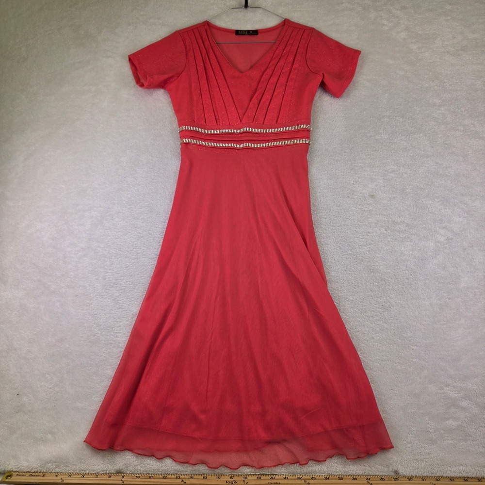 MDJ A La Moda Coral Pink Shimmer Rhinestone Empire Waist Midi Dress Womens 3898